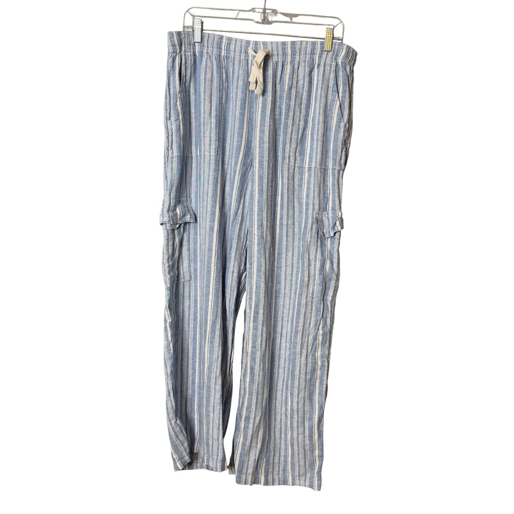 Roxy Cargo Pants Womens XL Blue White Striped Linen Blend Wide Leg Drawstring